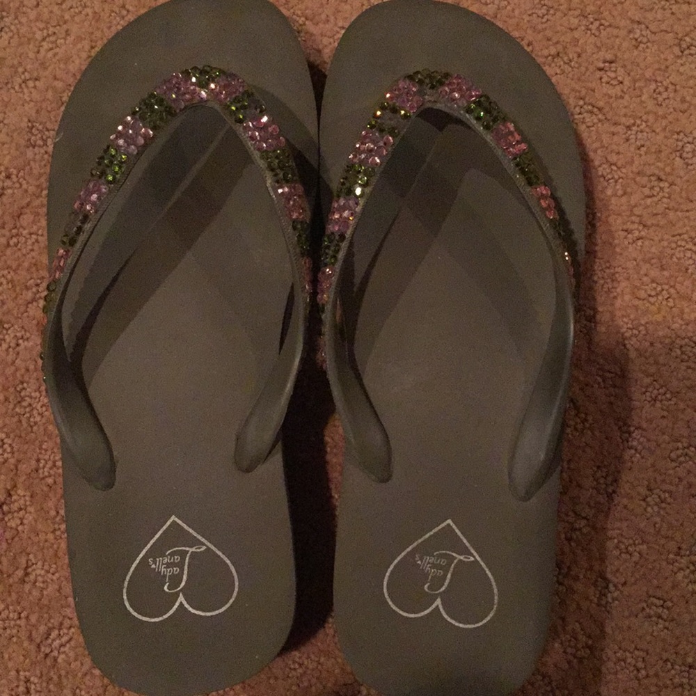 Green Jewel Dressy Flip Flops. Green/Pink Stones.8